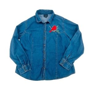 Trilogy Denim Button Down Shirt Cardinal Embroidered L